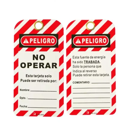 Tarjeta de bloqueo NO OPERAR BAN-P04 para sistemas LOTO en polietileno resistente con señalización de peligro